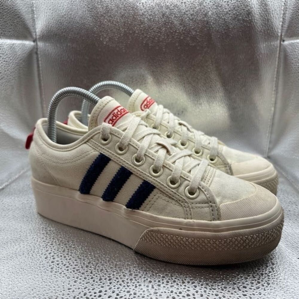 adidas Women's Cream Platform Sneakers with Navy Stripes and Red Logo